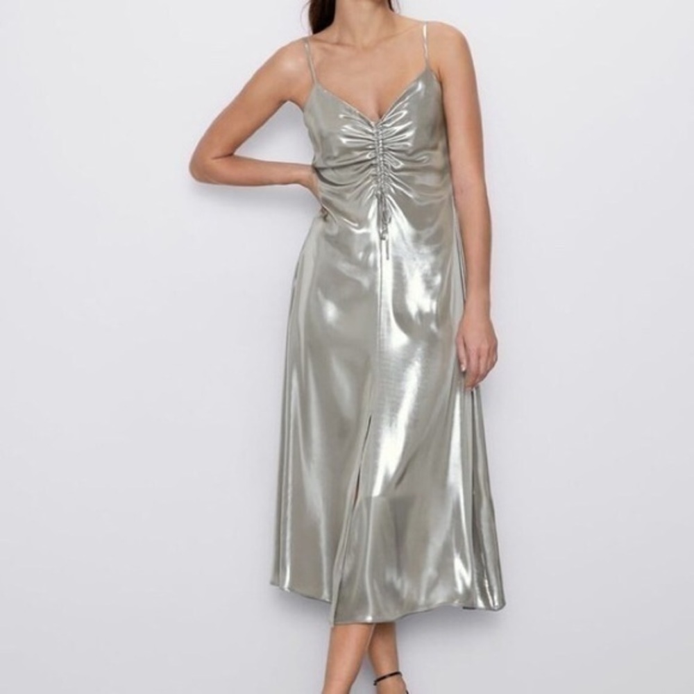 Zara metallic liquid look midi slit front dress xs